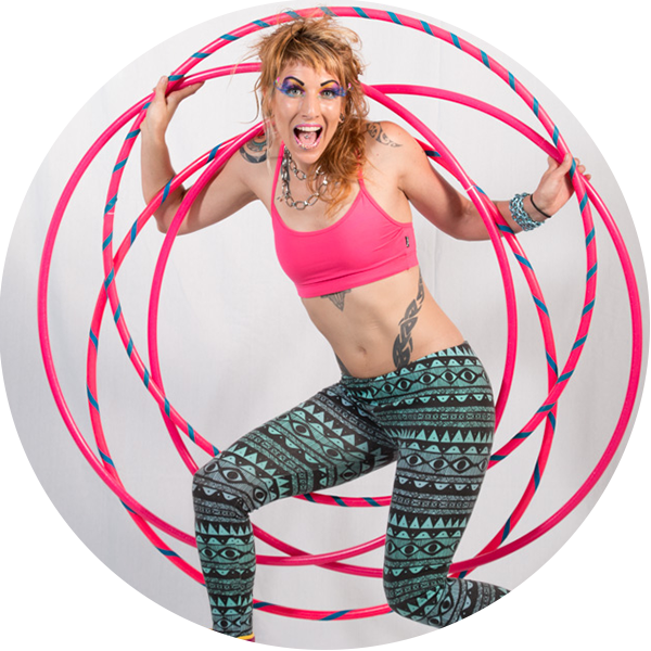 Donna Sparx and her four pink hula hoops in a hoop mandala