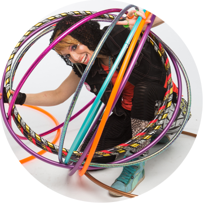 Donna Sparx inside a hula hoop bubble