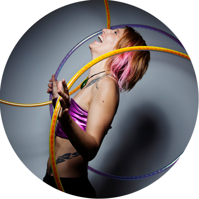 Donna Sparx Hula Hooping with multiple hoops and laughing